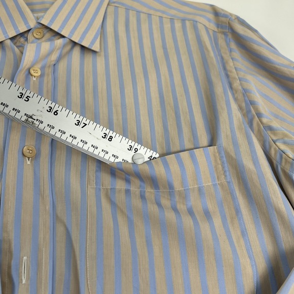 Brioni Shirt Mens 16 Blue Tan Stripe Dress Long Sleeve 100% Cotton Spread Collar - Picture 8 of 16
